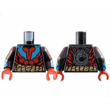 black torso red muscles and stripes dark azure and metallic light blue blades dark tan rope belt pattern black arms with stripes and gauntlets pattern red hands