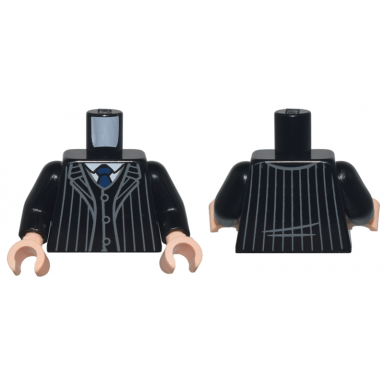 black torso suit jacket open with dark bluish gray pinstripes over vest with buttons and white shirt dark blue tie pattern black arms light nougat hands