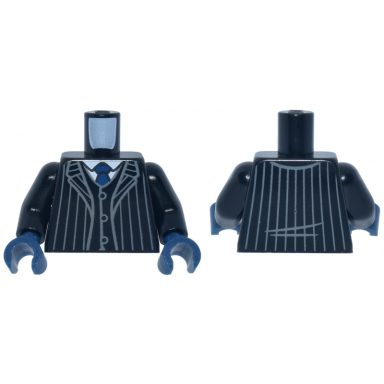 black torso suit jacket open with dark bluish gray pinstripes over vest with buttons and white shirt dark blue tie pattern black arms dark blue hands