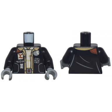 black torso jacket with buttons and badges over dark tan open shirt and tan shirt pattern black arms dark bluish gray hands