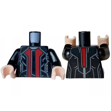 black torso jacket with dark red panels light bluish gray outline and silver pockets pattern black arms light nougat hands
