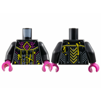 black torso armor magenta spiral and zigzags yellow lines splotches and chevrons dark bluish gray trim pattern black arms magenta hands