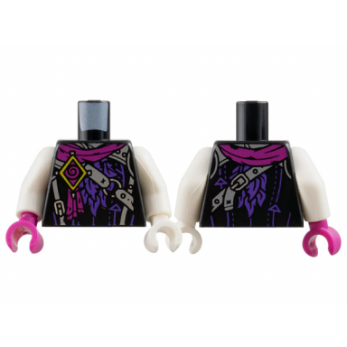 black torso magenta scarf and spiral yellow diamond silver straps and buckles dark purple ruffles pattern white arms white hand left magenta hand right