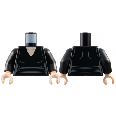 black torso female v-neck dress with sash and dark bluish gray contours light nougat neck pattern black arms light nougat hands