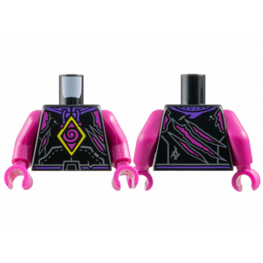 black torso hoodie with dark purple hood magenta spiral and skin behind tears yellow diamond pattern magenta arms magenta hands