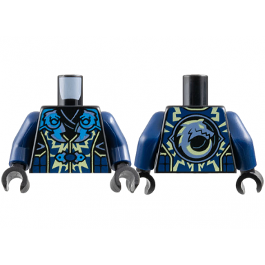 black torso tunic and armor metallic light blue and dark azure blades with wolves bright light yellow electricity pattern dark blue arms black hands
