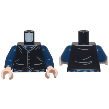black torso vest with light bluish gray trim wrinkles pockets and buttons over dark blue floral shirt pattern dark blue arms light nougat hands