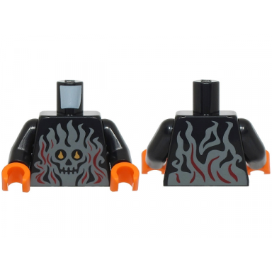 black torso with dark bluish gray flames with dark red highlights and skull with bright light orange eyes pattern bam black arms orange hands