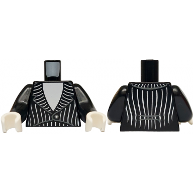 black torso tuxedo jacket with white shirt stripes and low button pattern black arms long white hands