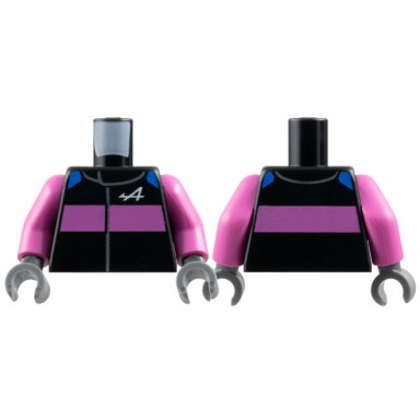 black torso racing suit with blue shoulders dark pink stripe and alpine formula 1 logo stylized white capital letter a pattern dark pink arms dark bluish gray hands