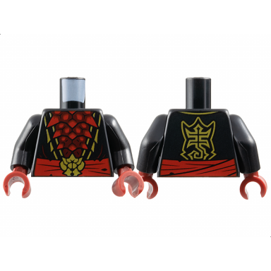 black torso robe open with gold trim over dark red chest exoskeleton segments with red spikes waist sash with insect head buckle stylized scorpion logo on back pattern black arms dark red hands