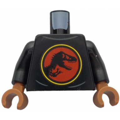 black torso shirt with dark bluish gray wrinkles and red and yellow jurassic park logo pattern black arms sienna hands