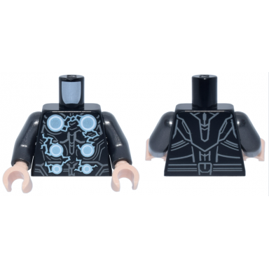 black torso armor with 6 metallic light blue and white circles with arcing electricity dark bluish gray contour lines pattern pearl dark gray arms light nougat hands