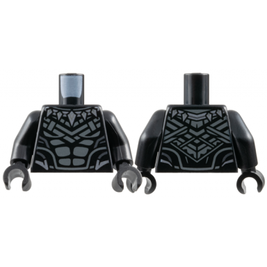 black torso super hero costume with silver armor panels animal tooth claw necklace and trim pattern black arms black hands