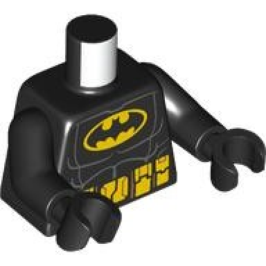 black torso batman suit with bat in yellow oval logo utility belt with pouches and medium nougat details dark bluish gray muscles outline pattern black arms black hands