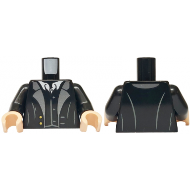 black torso jacket open with dark silver lapels and gold buttons over vest and white shirt pattern black arms light nougat hands