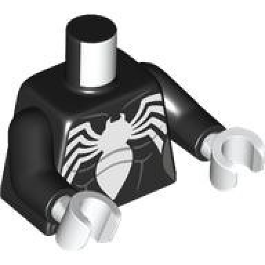 black torso female super hero costume with dark bluish gray muscles outline and white spider front and back pattern black arms white hands