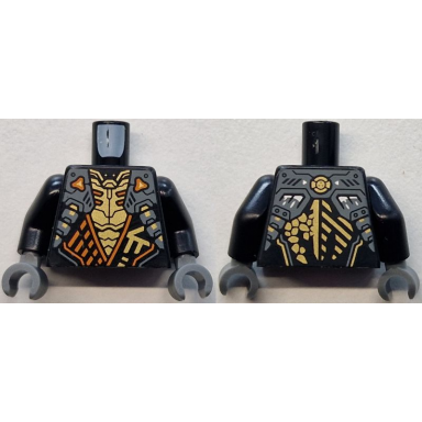 black torso armored tunic with dark bluish gray shoulder panels orange trim and gold ninjago logogram letter c over chest armor earth dragon logo on back pattern black arms dark bluish gray hands
