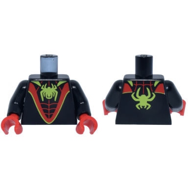 black torso super hero costume with red v-shaped stripe and webbing lime spider and trim pattern black arms red hands