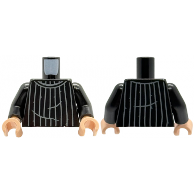 black torso sweater with dark bluish gray collar folds and vertical stripes pattern black arms light nougat hands