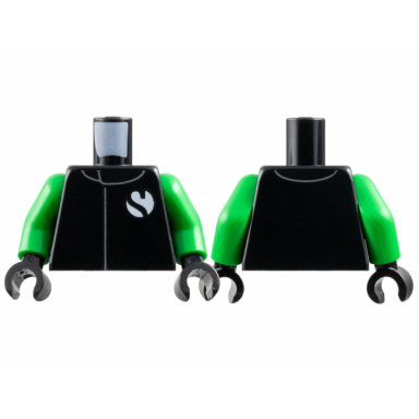 black torso racing suit with sauber formula 1 logo partial capital letter s on white circle pattern bright green arms black hands