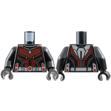 black torso super hero costume with dark red mesh silver armor belt with round buckle red trim dark bluish gray lines pattern black arms black hands