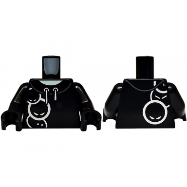 black torso hoodie with white drawstrings and round faces with eyes light aqua neck pattern black arms black hands