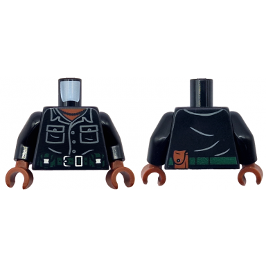 black torso shirt dark bluish gray pockets and buttons dark green belt with silver buckle pouch reddish brown neck pearl necklace pattern black arms reddish brown hands