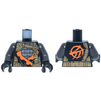 black torso tunic with orange trim dark silver armor dark tan strap gold clasp and charm with ninjago logogram letter c pattern pearl dark gray arms black hands
