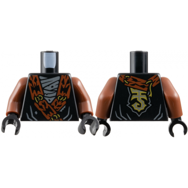 black torso tunic with dark orange wide lapels gold lacing dark bluish gray wrapping pattern reddish brown arms black hands