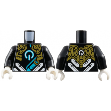 black torso gold armor white power button logo with medium azure outline diagonal stripes and strap pattern black arms white hands