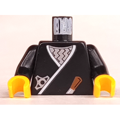 black torso castle ninja wrap brown dagger silver star silver zigzags pattern black arms yellow hands