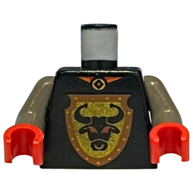 black torso castle knights kingdom bulls head on brown shield pattern dark gray arms red hands