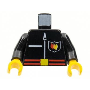 black torso fire uniform shirt with flame badge logo pocket and white zipper red belt with yellow buckle pattern black arms yellow hands