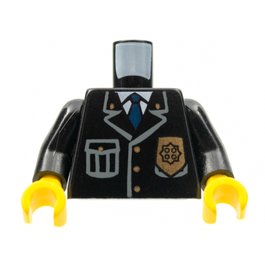 black torso police jacket with pocket gold badge and blue tie pattern black arms yellow hands
