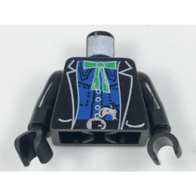 black torso western bandit jacket over blue shirt green string tie with bow gun in belt pattern black arms black hands
