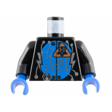 black torso space insectoids silver circuitry lightning bolts over blue circle pattern black arms blue hands