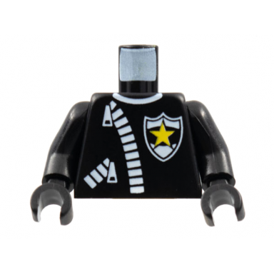 black torso police leather jacket with thick white zippers and badge with yellow star pattern black arms black hands