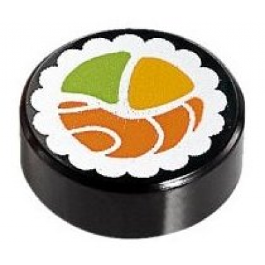 black tile round 1 x 1 with sushi salmon maki roll pattern