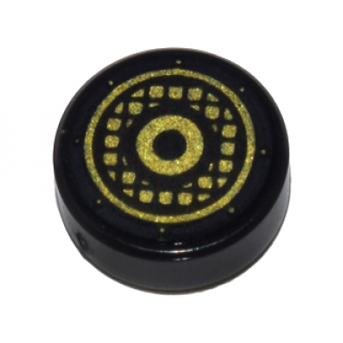 black tile round 1 x 1 with gold concentric circles and speaker grille pattern