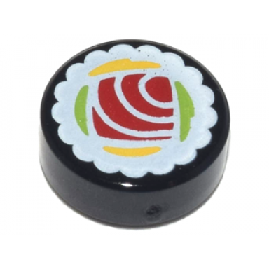 black tile round 1 x 1 with sushi tuna maki roll pattern