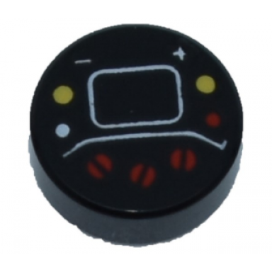 black tile round 1 x 1 with red white and yellow buttons plus sign minus sign - and lines pattern