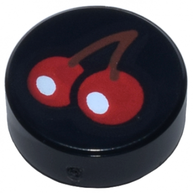 black tile round 1 x 1 with red cherries with white reflections circles and reddish brown stem pattern