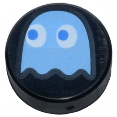 black tile round 1 x 1 with medium blue pac-man ghost with blue eyes pattern inky