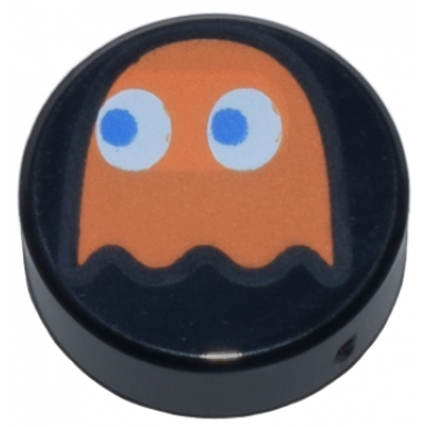 black tile round 1 x 1 with orange pac-man ghost with blue eyes pattern clyde