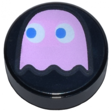 black tile round 1 x 1 with bright pink pac-man ghost with blue eyes pattern pinky