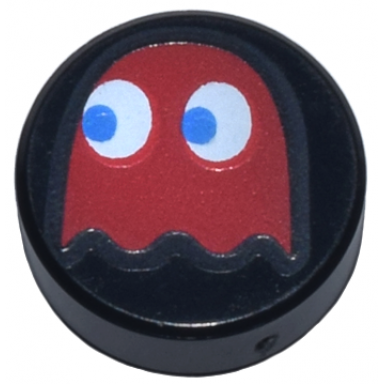 black tile round 1 x 1 with red pac-man ghost with blue eyes pattern blinky