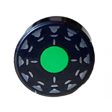 black tile round 1 x 1 with bright green circle silver stripes and dark silver triangles pattern