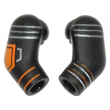 black arm matching left and right pair with orange and silver armor and stripes pattern
