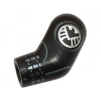 black arm left with silver shield logo cuff and dark bluish gray circle pattern